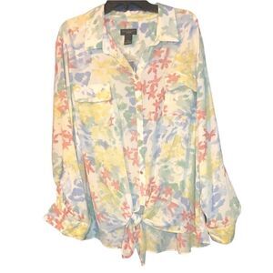 NWT Investments Blouse Tie Front Roll Sleeves Mauve Green Blue Yellow White Sz3X
